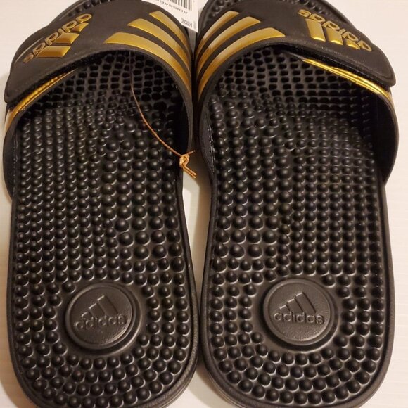 ADIDAS ADISSAGE SLIDES BLACK/GOLD MEN'S US SIZE 10 BRAND NEW IN BOX - Picture 2 of 6